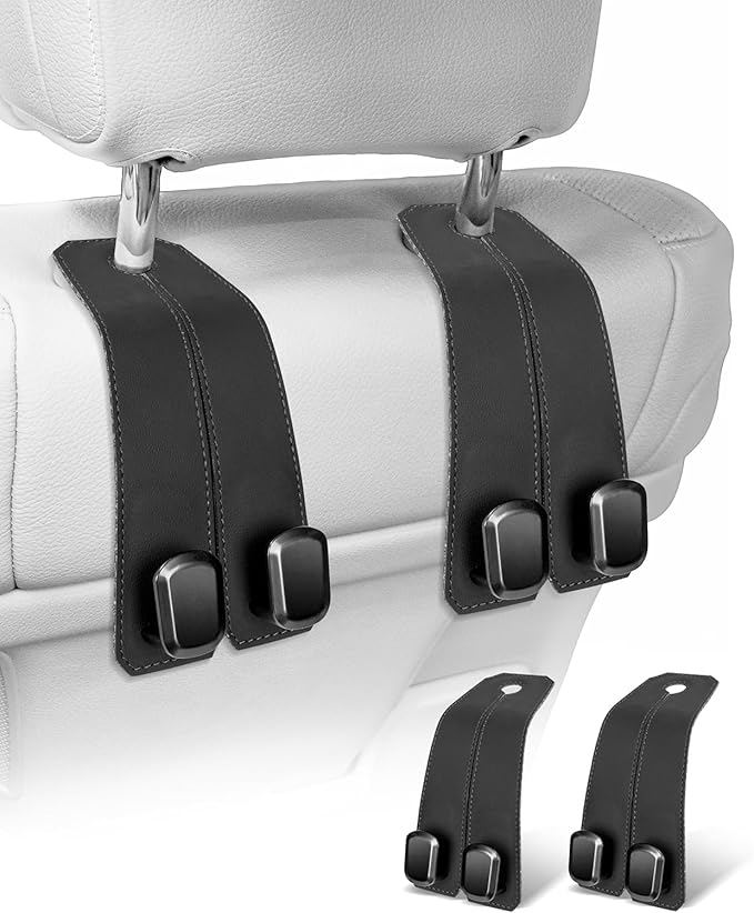 2 Pcs Leather Car Seat Headrest Hooks - Universal Multipurpose Backseat Organizer for Purses, Bags, Groceries & Phones - CL-DH-9641