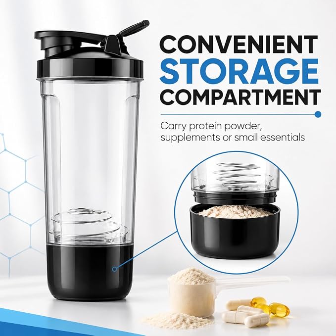 600ml Protein Shaker Bottle with Storage Compartment and Stainless Steel Blender