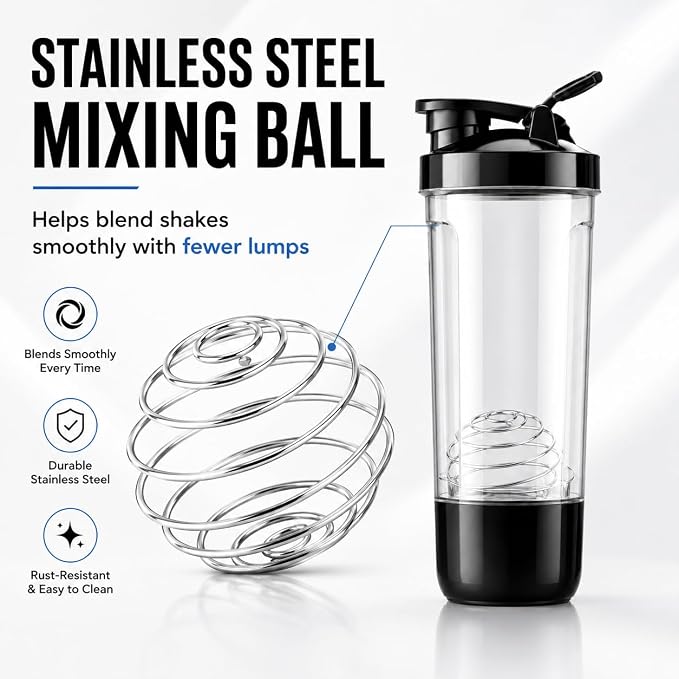 600ml Protein Shaker Bottle with Storage Compartment and Stainless Steel Blender