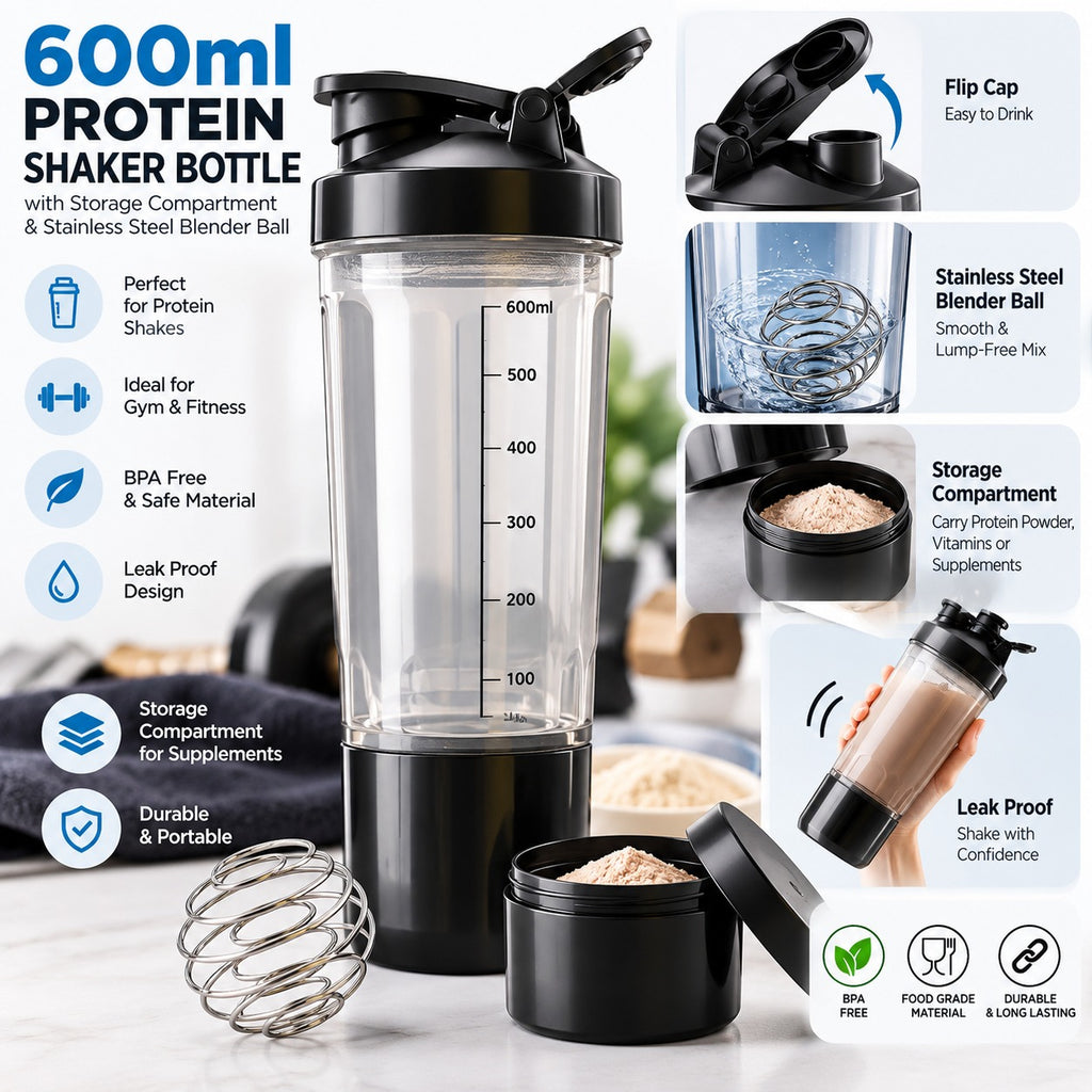 600ml Protein Shaker Bottle with Storage Compartment and Stainless Steel Blender