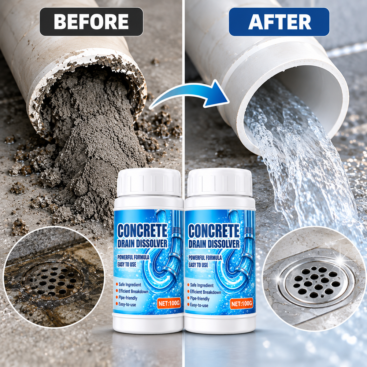 Anti-Clogging Concrete Drain Dissolver Powder Pack of 2